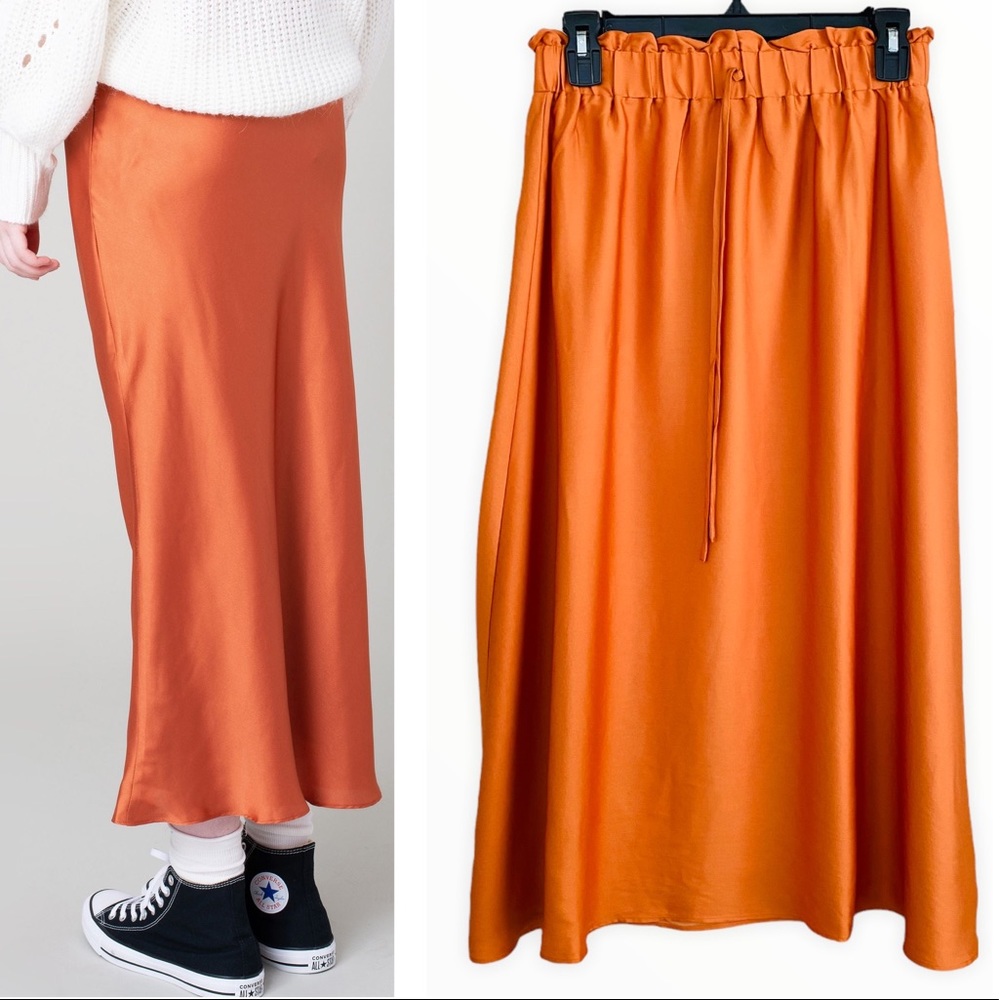 Ann Taylor NEW Satin Orange Elastic Waste Midi A-Line Skirt Size Small‎